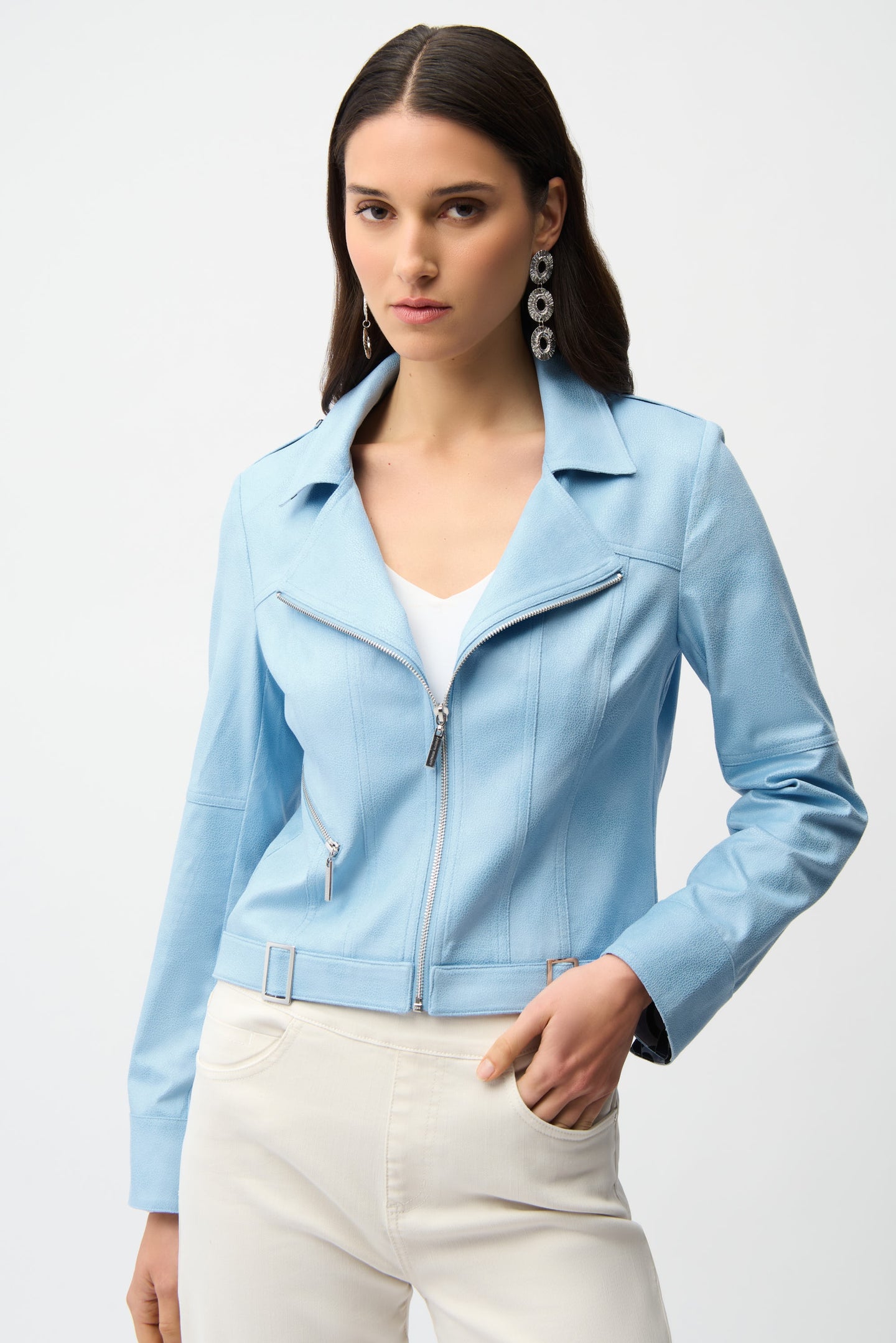 Joseph Ribkoff Foiled Faux Suede Fitted Jacket with Decorative Buckles