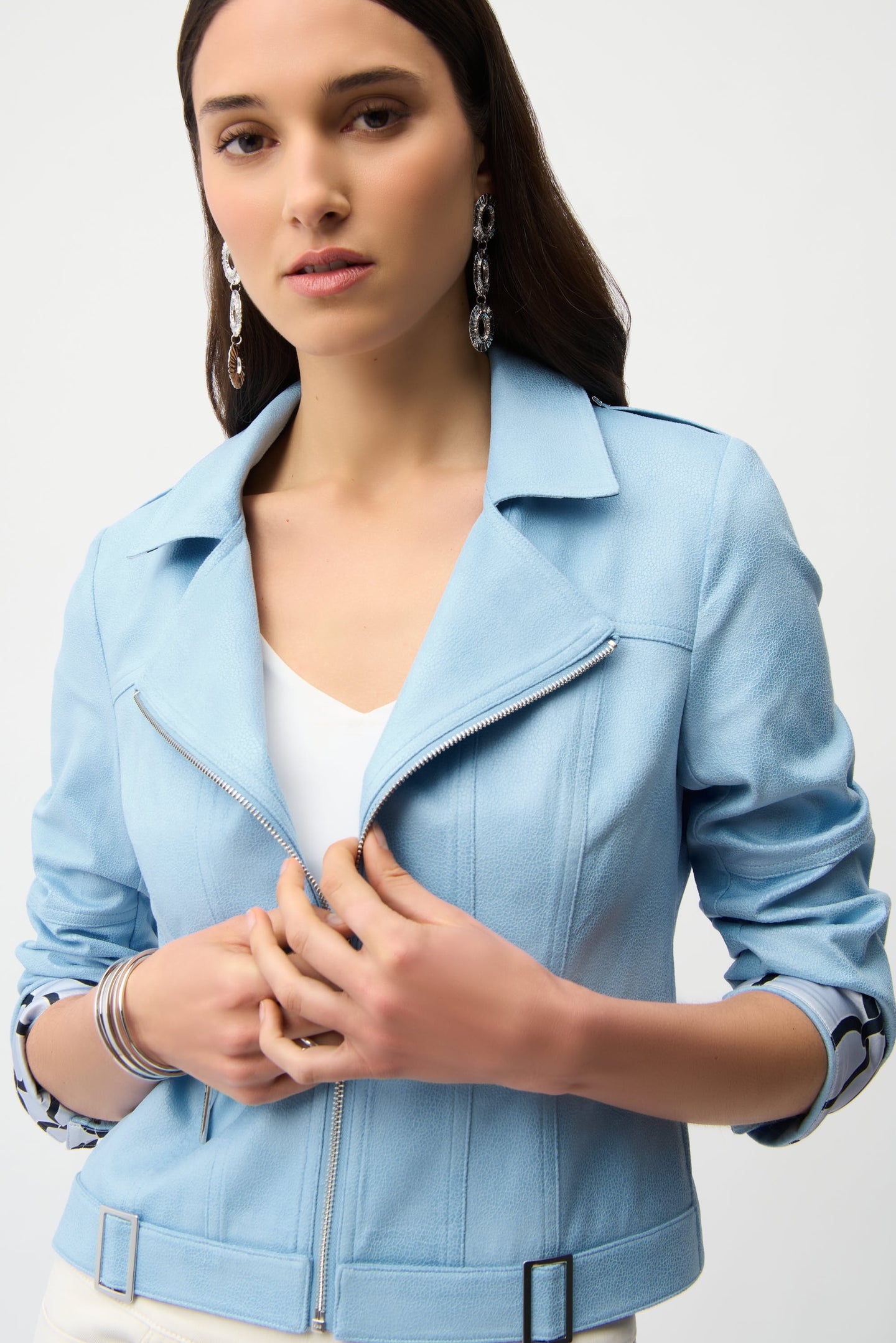 Joseph Ribkoff Foiled Faux Suede Fitted Jacket with Decorative Buckles