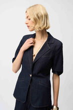 Model wearing Joseph Ribkoff Dark Blue Denim Fitted Blazer with short sleeves and gold accessories by JOSEPH Ribkoff