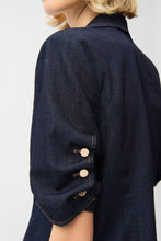 Close-up of sleeve detail with gold buttons on Joseph Ribkoff Dark Blue Denim Fitted Blazer by JOSEPH Ribkoff