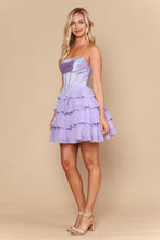 Woman wearing a sleeveless lavender Chiffon Ruffle Homecoming Dress by Ed Young with layered skirt and fitted bodice design