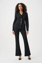JOSEPH Ribkoff Scuba Black Flare Pant modeled with a tailored black blazer and pointed heels