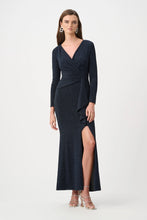 Navy Sparkle Wrap Gown by JOSEPH Ribkoff with long sleeves and a thigh high side slit