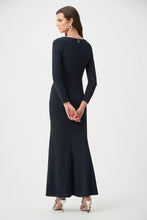 Navy Sparkle Wrap Gown by JOSEPH Ribkoff shown from the back with long sleeves and a fitted floor length silhouette
