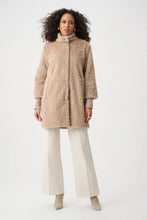 Soft Taupe Textured Coat by JOSEPH Ribkoff modeled with ribbed collar and cuffs over cream trousers