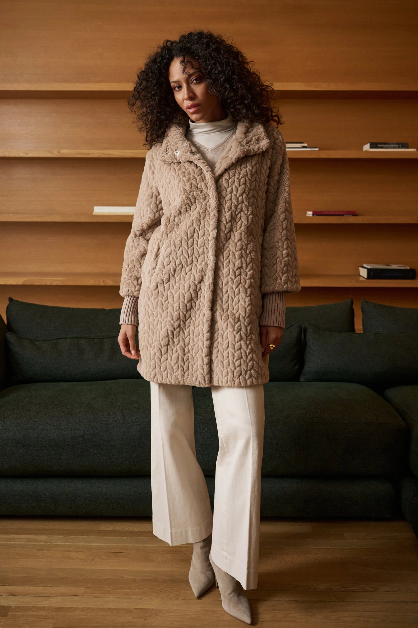 Soft Taupe Textured Coat by JOSEPH Ribkoff modeled in a warm taupe textured design with plush collar and long sleeves