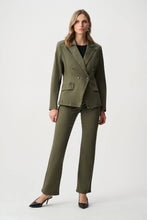 JOSEPH Ribkoff Avocado Blazer in olive green worn with matching trousers by a model