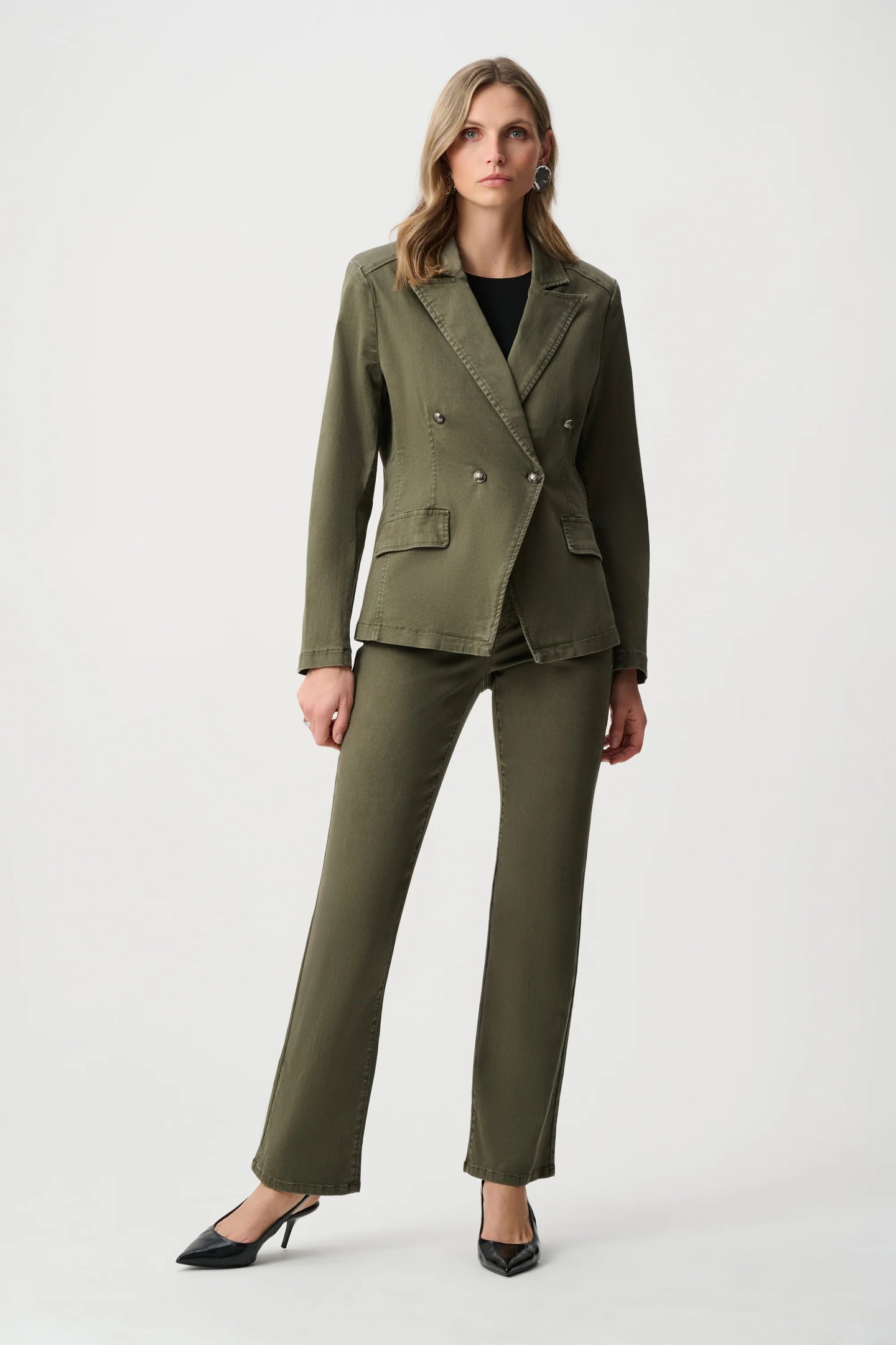 JOSEPH Ribkoff Avocado Blazer in olive green worn with matching trousers by a model