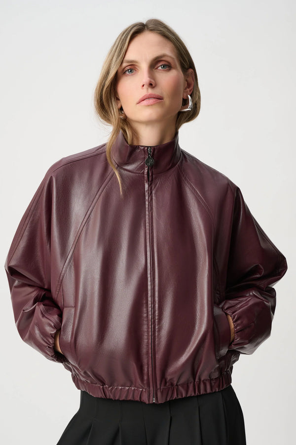 JOSEPH Ribkoff Burgundy Bomber Jacket in burgundy faux leather with zip front and ribbed hem