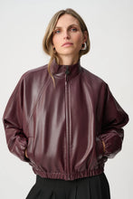 JOSEPH Ribkoff Burgundy Bomber Jacket in burgundy faux leather with zip front and ribbed hem