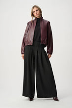 Burgundy Bomber Jacket by JOSEPH Ribkoff styled with a black wide leg jumpsuit