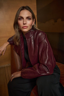 Joseph Ribkoff Burgundy Faux Leather Puff Sleeve Jacket