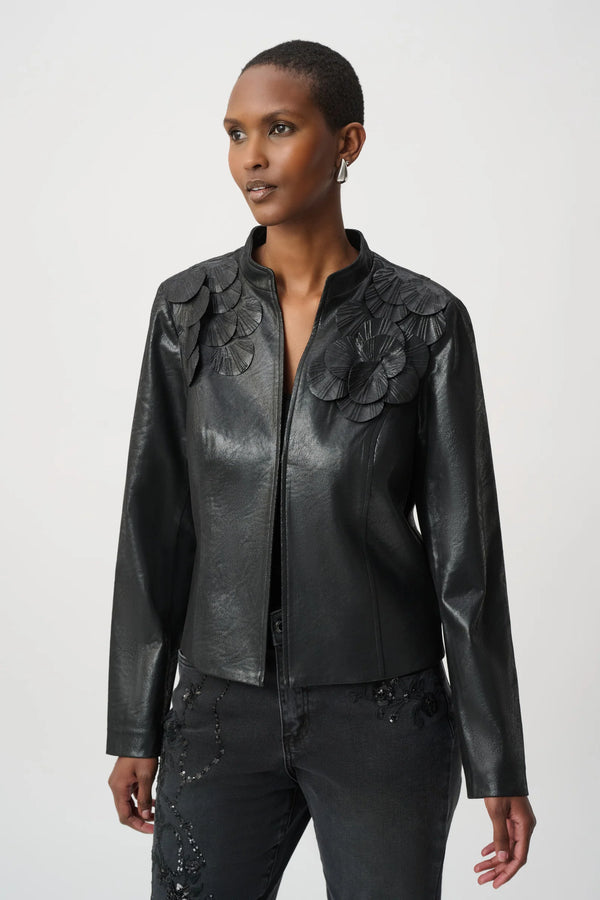 Black Embelished Jacket by JOSEPH Ribkoff with floral appliques and zip front