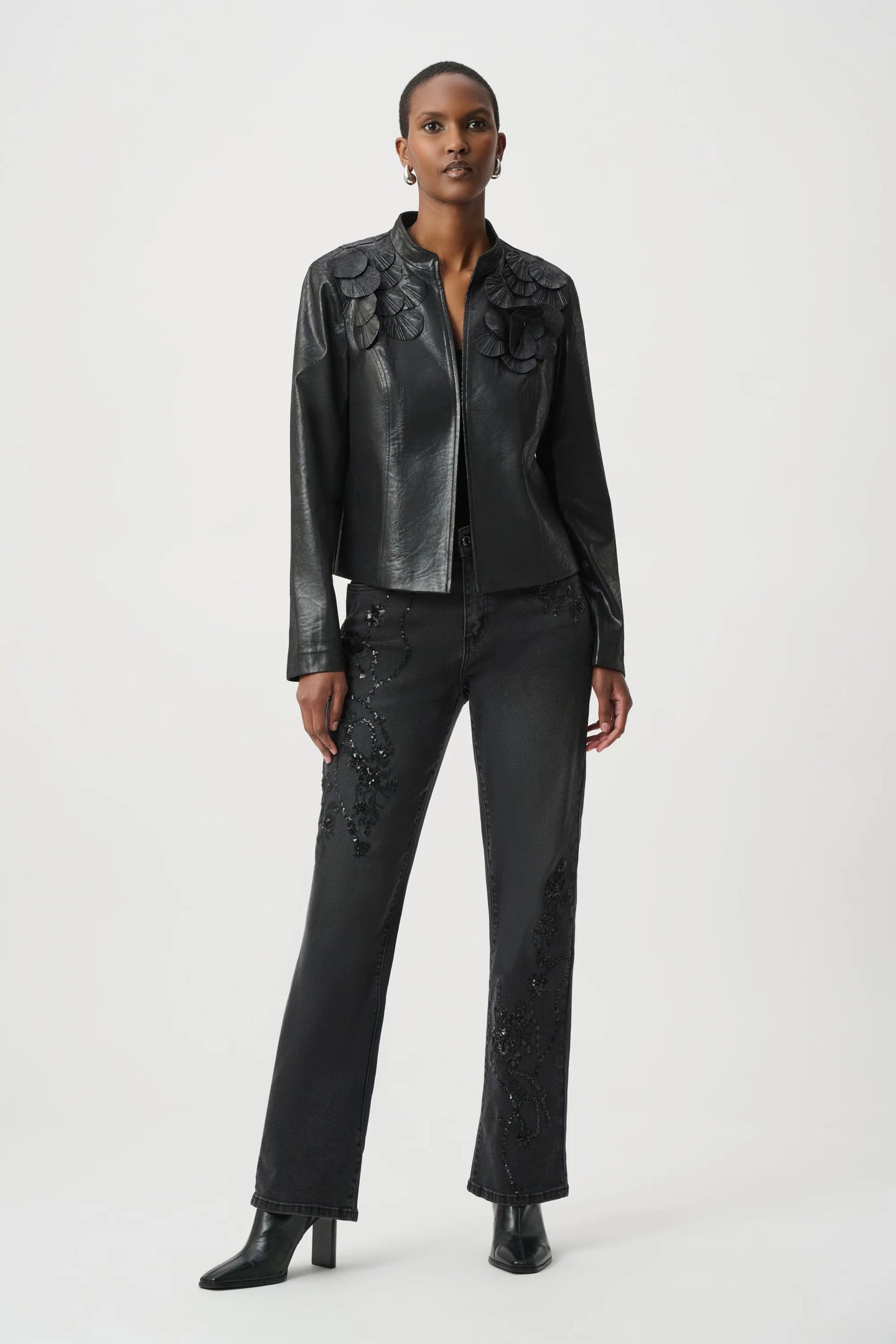 Black Embelished Jacket by JOSEPH Ribkoff worn by model in black embellished leather style