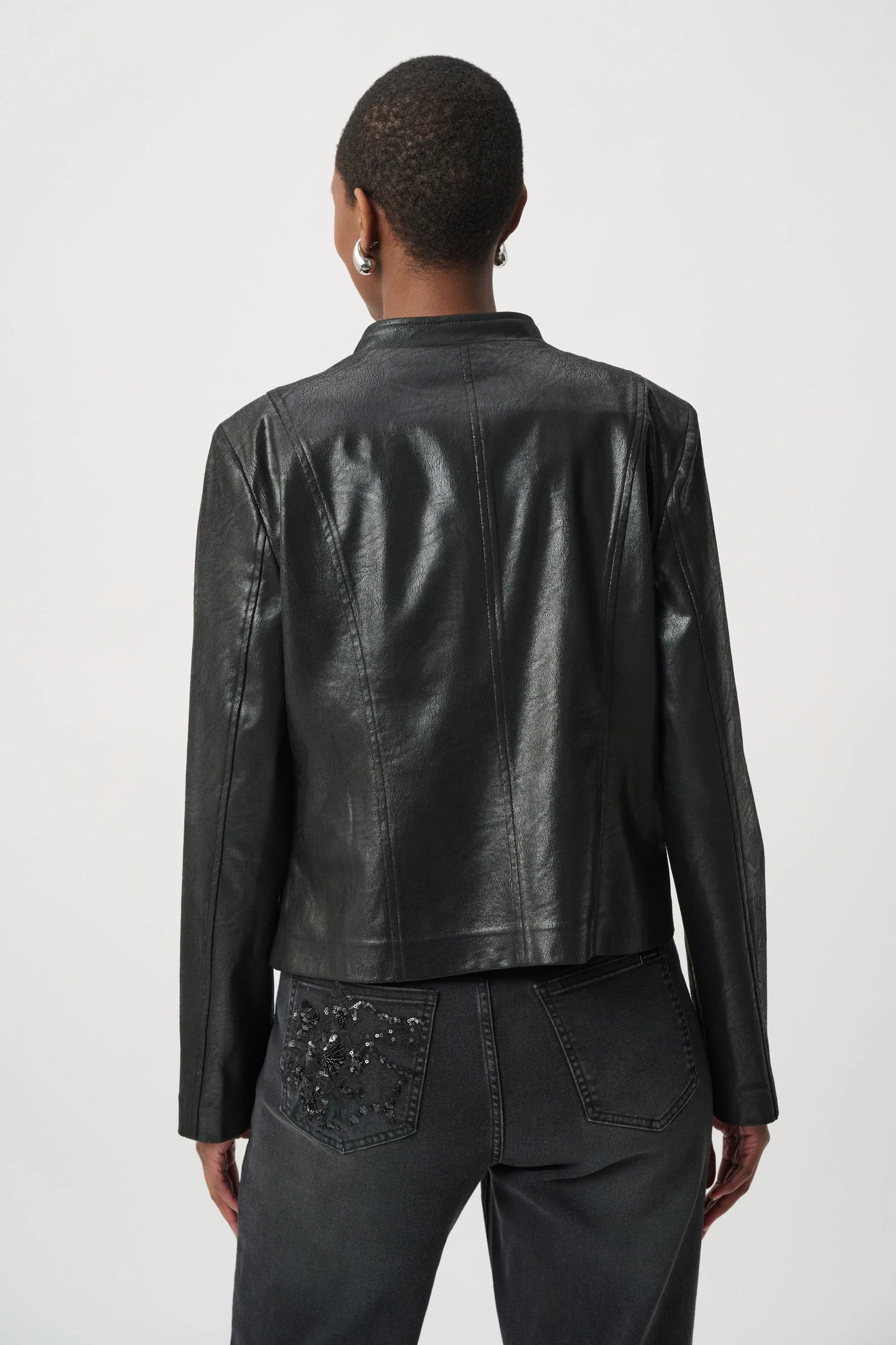 Black Embelished Jacket by JOSEPH Ribkoff shown from the back in black leather
