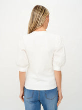 Back view of woman wearing White Mixed Media Tee Audrey by six/fifty with puffed sleeves and ribbed bodice