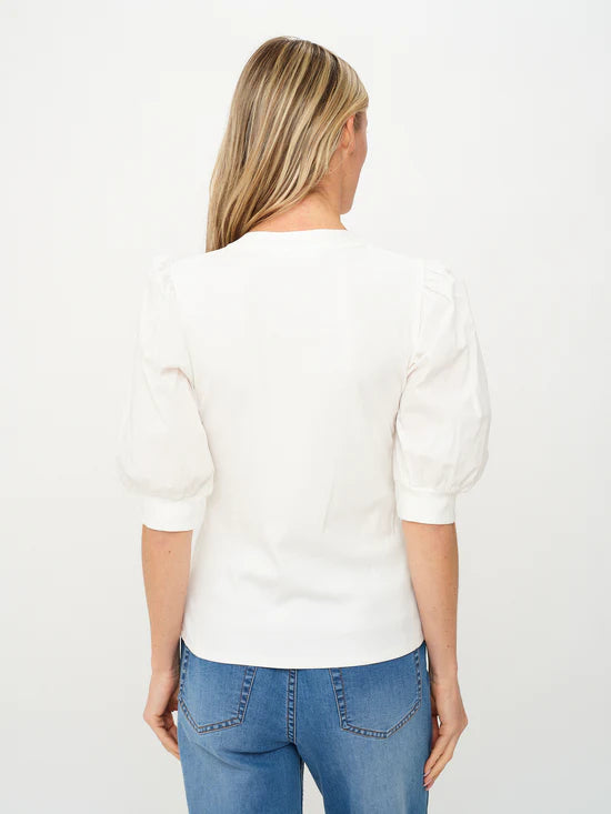 Back view of woman wearing White Mixed Media Tee Audrey by six/fifty with puffed sleeves and ribbed bodice