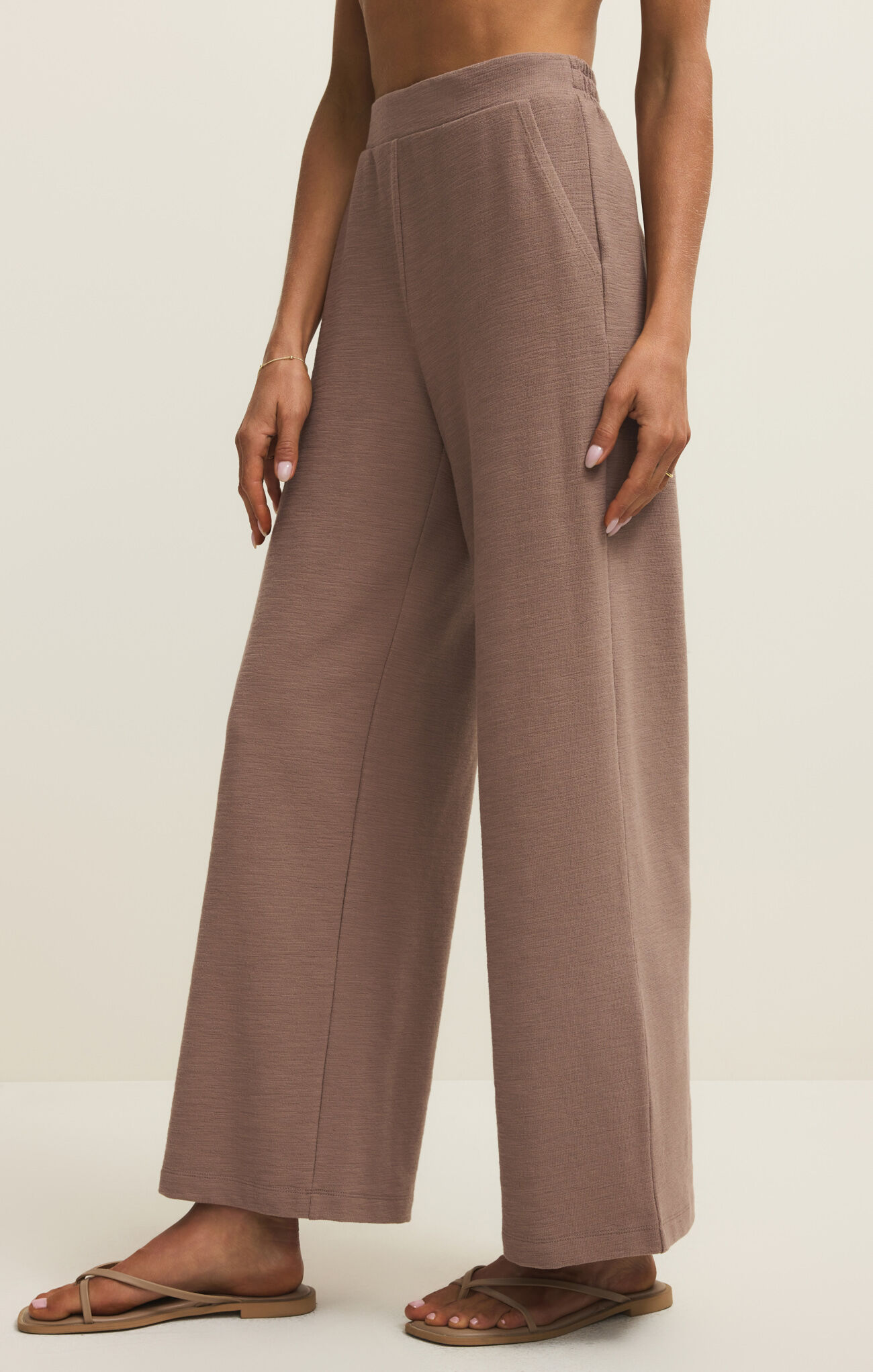 z supply Milk Shake Andre Wide Leg Pant in neutral tone with flattering silhouette and comfortable fit on model