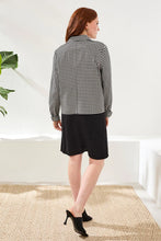 Back view of woman wearing Tribal Gingham Button Front Collared Jacket With Pockets in black and white gingham pattern