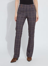 Lyssé Patterned Pintuck Ponte Baby Boot Plaid Pant with front pintucks, vegan suede belt loops, and baby boot flare