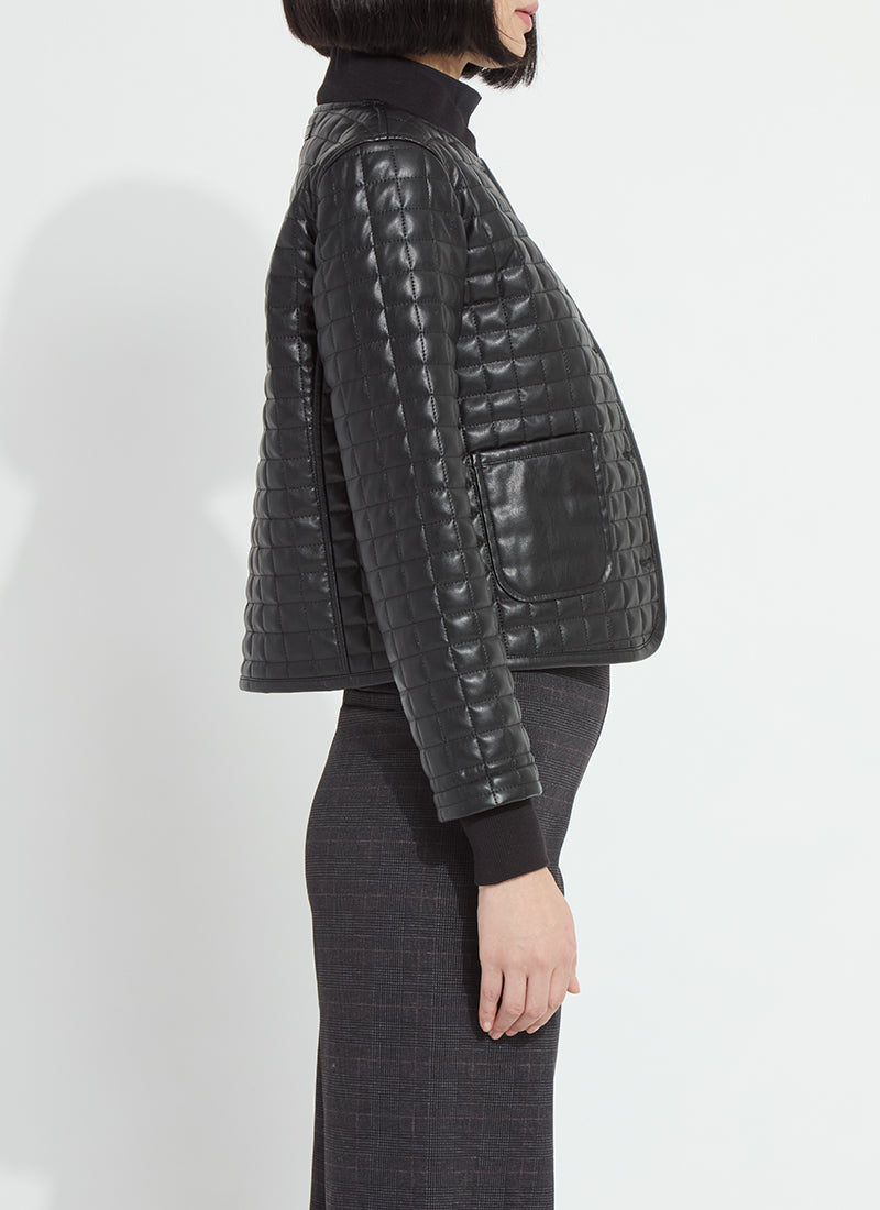 Black Agnes Quilted Vegan Leather Jacket by Lysse shown in side profile with quilted texture and front pockets