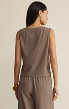 Back view of woman wearing perfectly taupe Sloan Jersey Muscle Tank by z supply in soft breathable fabric