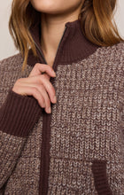 Z Supply brown marled knit cardigan, close-up of the zip front, collar and ribbed cuff