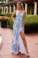 Primavera Prom Dress Style 4594 in ivory blue with strapless sweetheart neckline and thigh-high slit in portrait view