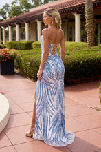 Primavera Prom Dress Style 4594 in ivory blue with lace-up back and elegant feather pattern, gallery position 4 portrait view