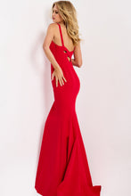 Jovani Prom Dress Style 49861 in vibrant red with elegant cutouts and a fitted mermaid silhouette by JOVANI.