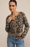 Z Supply Wild Outlook Cardigan – crew neck, button-front sweater in desert tan leopard print