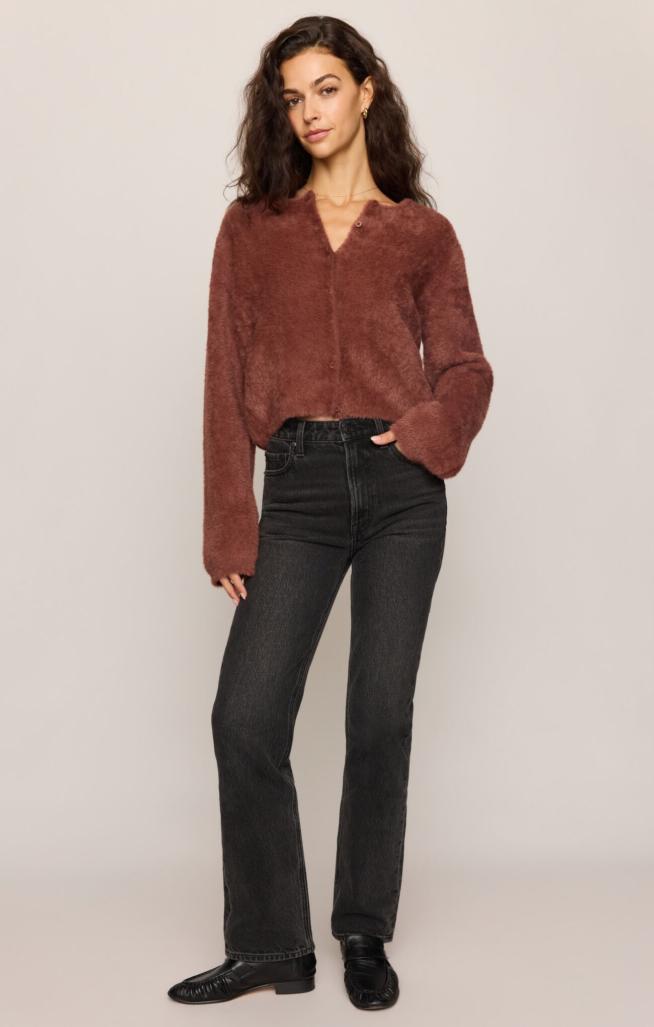 Dark Rosewood Winterglow Fluffy Cardigan by z supply modeled with black jeans