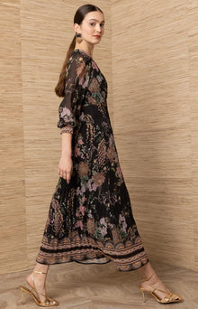 Hale Bob Adriel Black Print Pleated Chiffon Maxi Dress