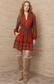 Hale Bob Winifred Orange Smocked Chiffon Dress