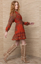 Orange Winifred Dress by hale bob in red paisley print with long sleeves and flared skirt