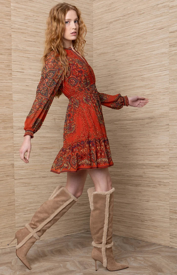Orange Winifred Dress by hale bob in red paisley print with long sleeves and flared skirt