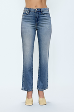 Front view of Muse Aleks jeans by pistola in faded blue denim with a flattering straight fit and high waist design