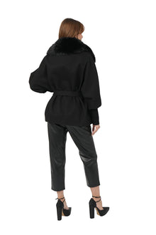 Love Token Halley Black Faux Fur Collar Cinched Waist Jacket