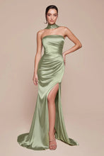 Ladivine Dress Style 7451 in emerald satin with high slit, modeled by Cinderella Divine, gallery position 3 portrait view.