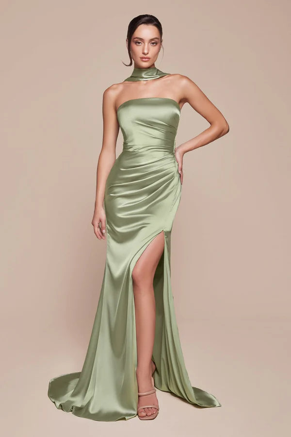 Ladivine Dress Style 7451 in emerald satin with high slit, modeled by Cinderella Divine, gallery position 3 portrait view.