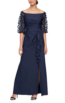 Navy Off Shoulder Illusion Gown