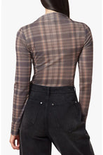 Ombre Plaid Turtleneck Top by habitual shown from the back in a fitted brown plaid long sleeve style