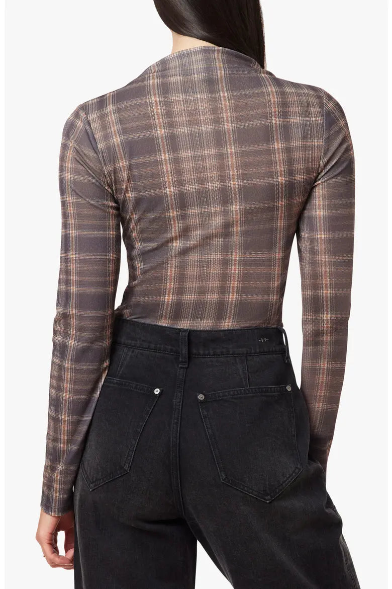 Ombre Plaid Turtleneck Top by habitual shown from the back in a fitted brown plaid long sleeve style