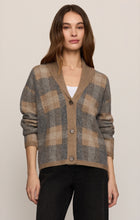 Classic Heather Grey Ludlow Cardigan by z supply modeled in a brown and grey plaid knit
