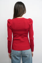 Dani Button Puff Sleeve Ribbed Knit Top - Red knit tops greylin