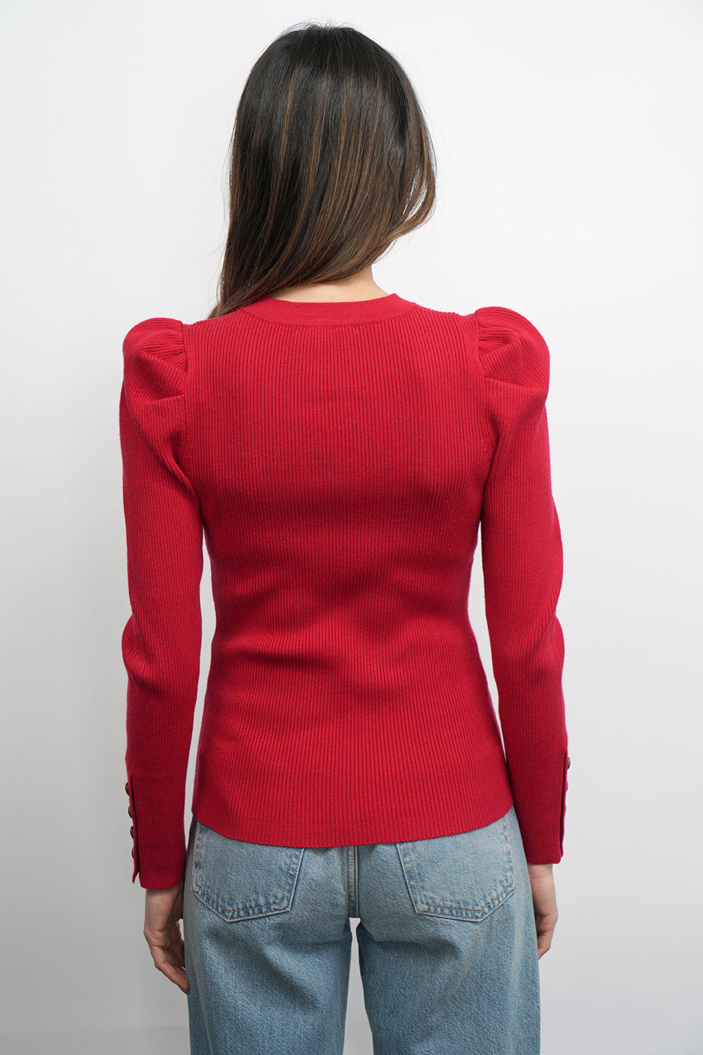 Dani Button Puff Sleeve Ribbed Knit Top - Red knit tops greylin