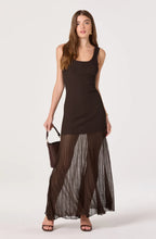 Astr Glena Dress by astr in dark brown with a sheer flowing skirt and model carrying a handbag