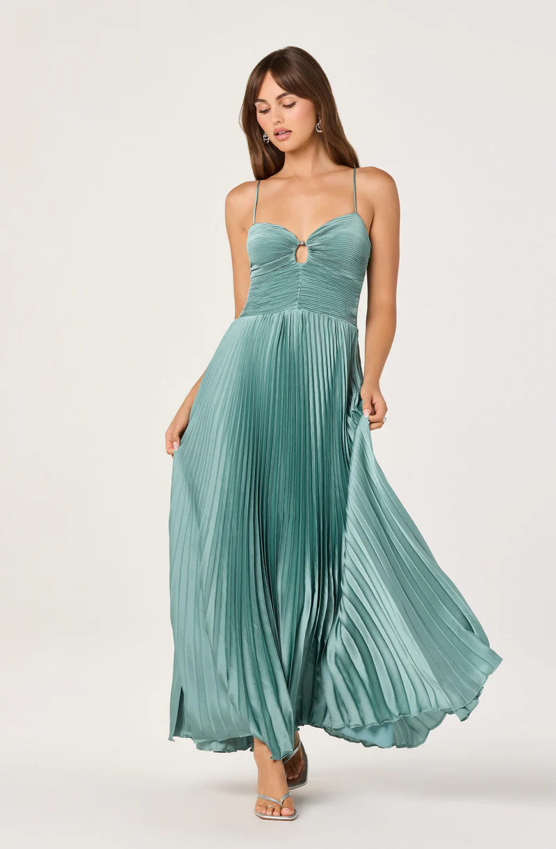 ASTR the Label | Alaia Satin Plissé Maxi Dress in Seafoam