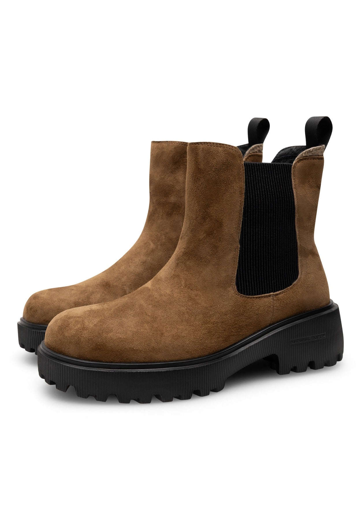 Woden Khaki Aya Suede Boot in khaki suede with black elastic panels and chunky lug soles