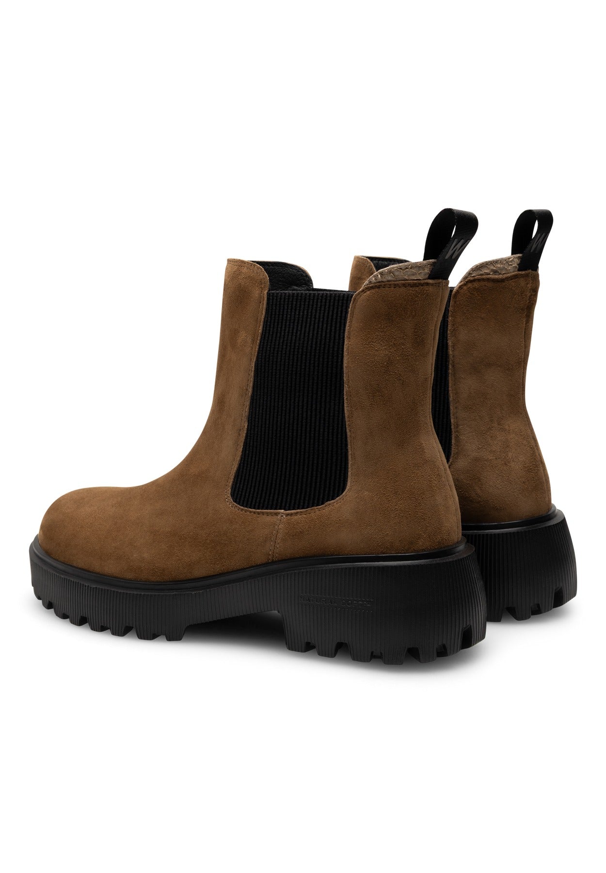 Khaki Aya Suede Boot by Woden showing suede Chelsea boots with chunky black soles
